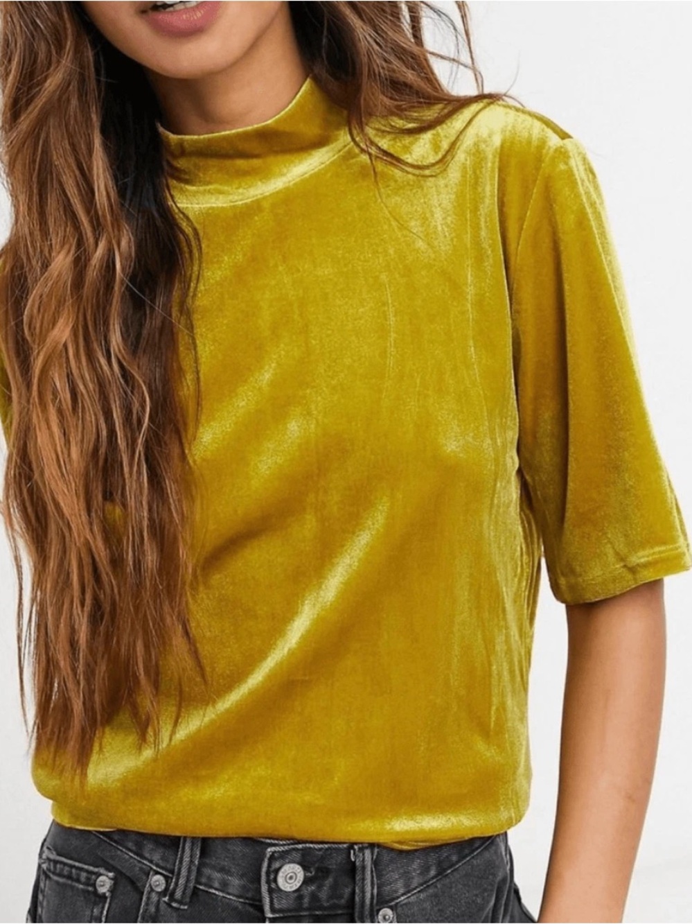 Madewell Velvet Mock Neck Short Sleeve Top Women’s Medium Mustard Gold